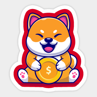 Cute Shiba Inu Dog With Gold Coin Cartoon Sticker